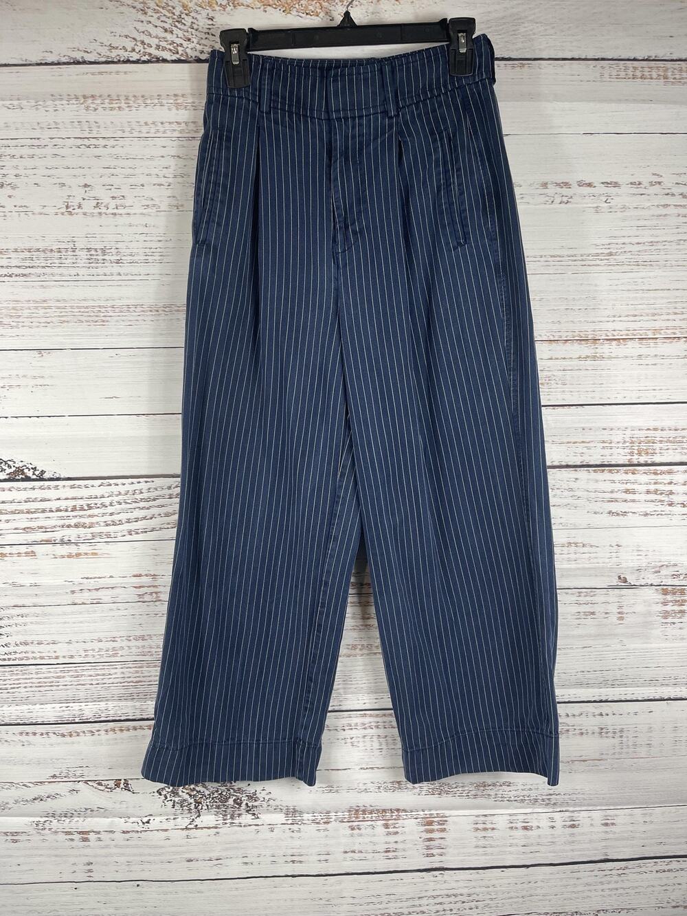 Everlane Pants Women's SZ 0 Blue Stripe Twill Ankle Crop Pleated Pockets Relaxed